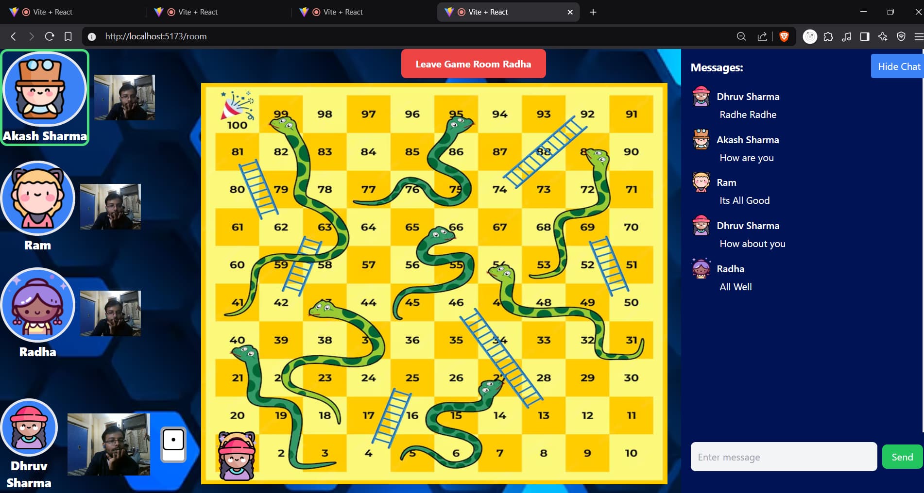 Building an online multiplayer video chat snake & ladder game.